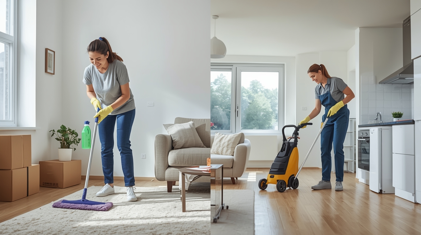 Comparison of DIY vs professional move-out cleaning — tenant cleaning on one side and professional cleaners working in a Zurich apartment on the other, representing move-out cleaning options.