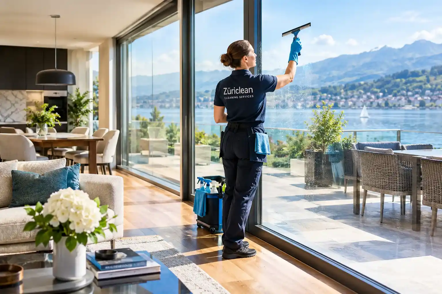 Professional cleaning services in Meilen for premium homes with large lake-view windows and a sunlit terrace.