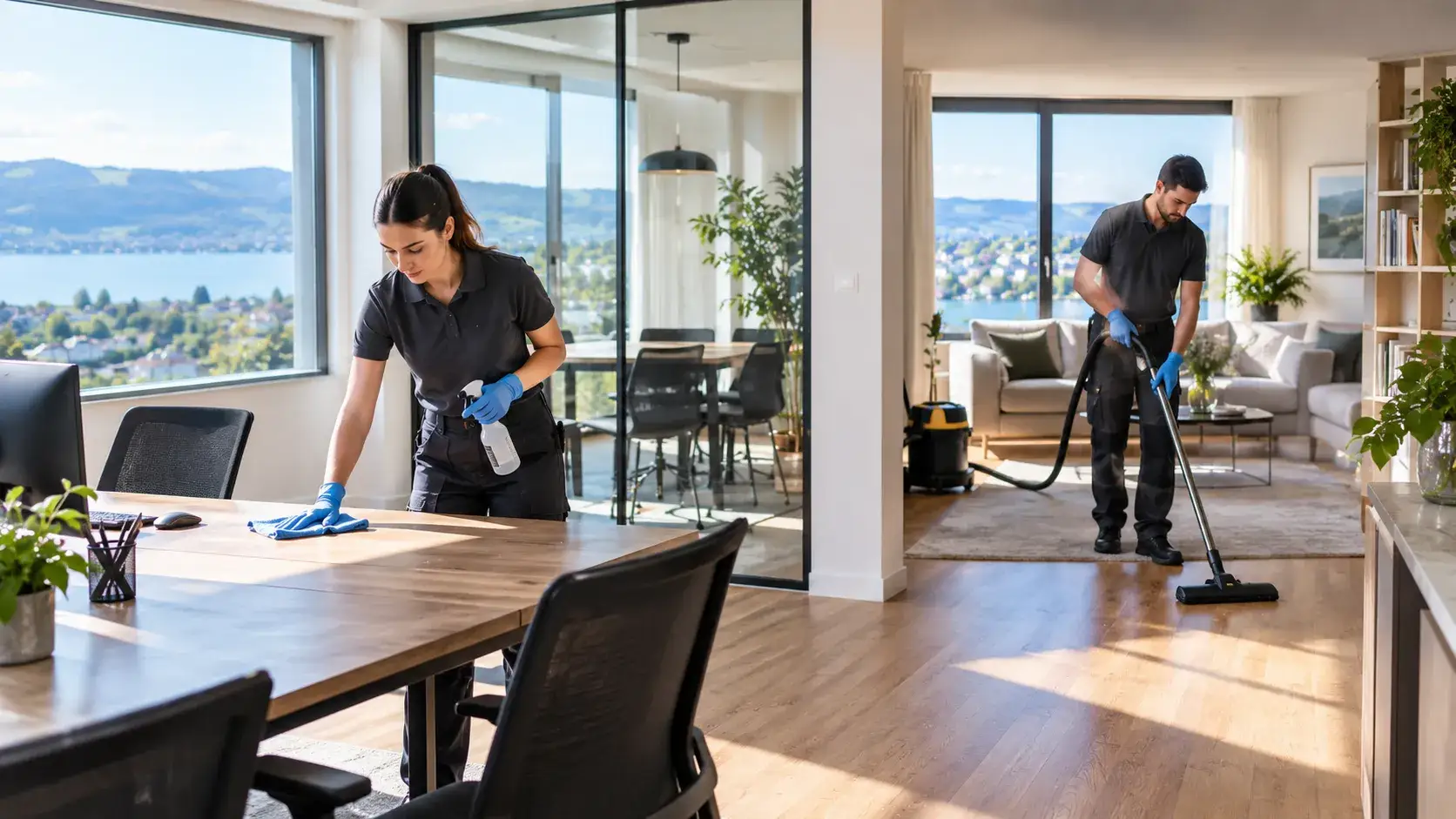 Professional office and apartment cleaning in Volketswil with a cleaner maintaining a bright, modern interior.