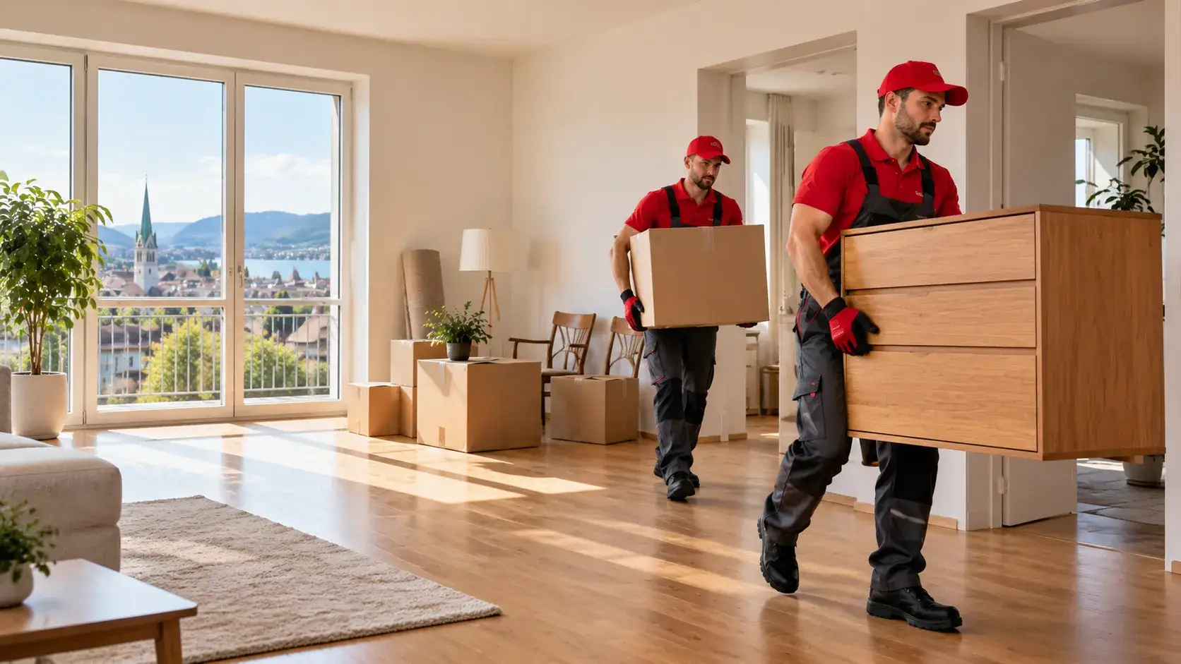Professional house clearance in Zürich with workers removing furniture from an apartment.