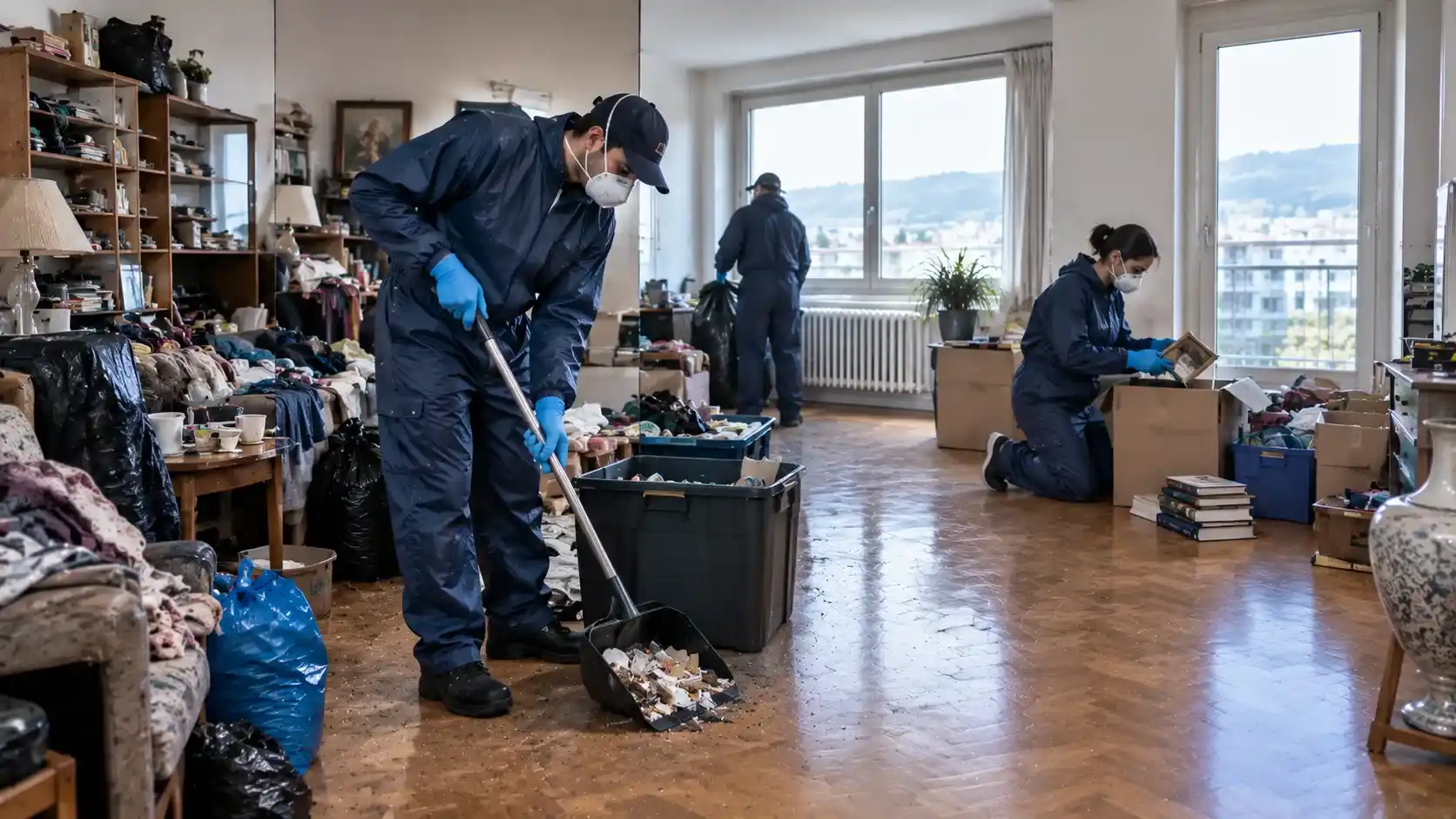 Hoarder apartment cleaning in Zurich with professional clearance and cleaning team