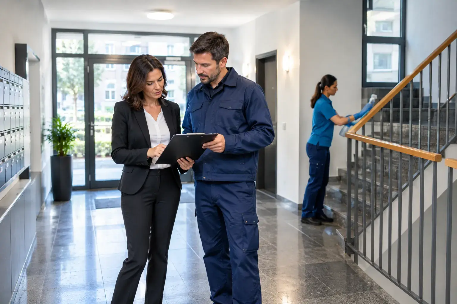 Property manager reviewing cleaning standards with a professional cleaning contractor in Zurich